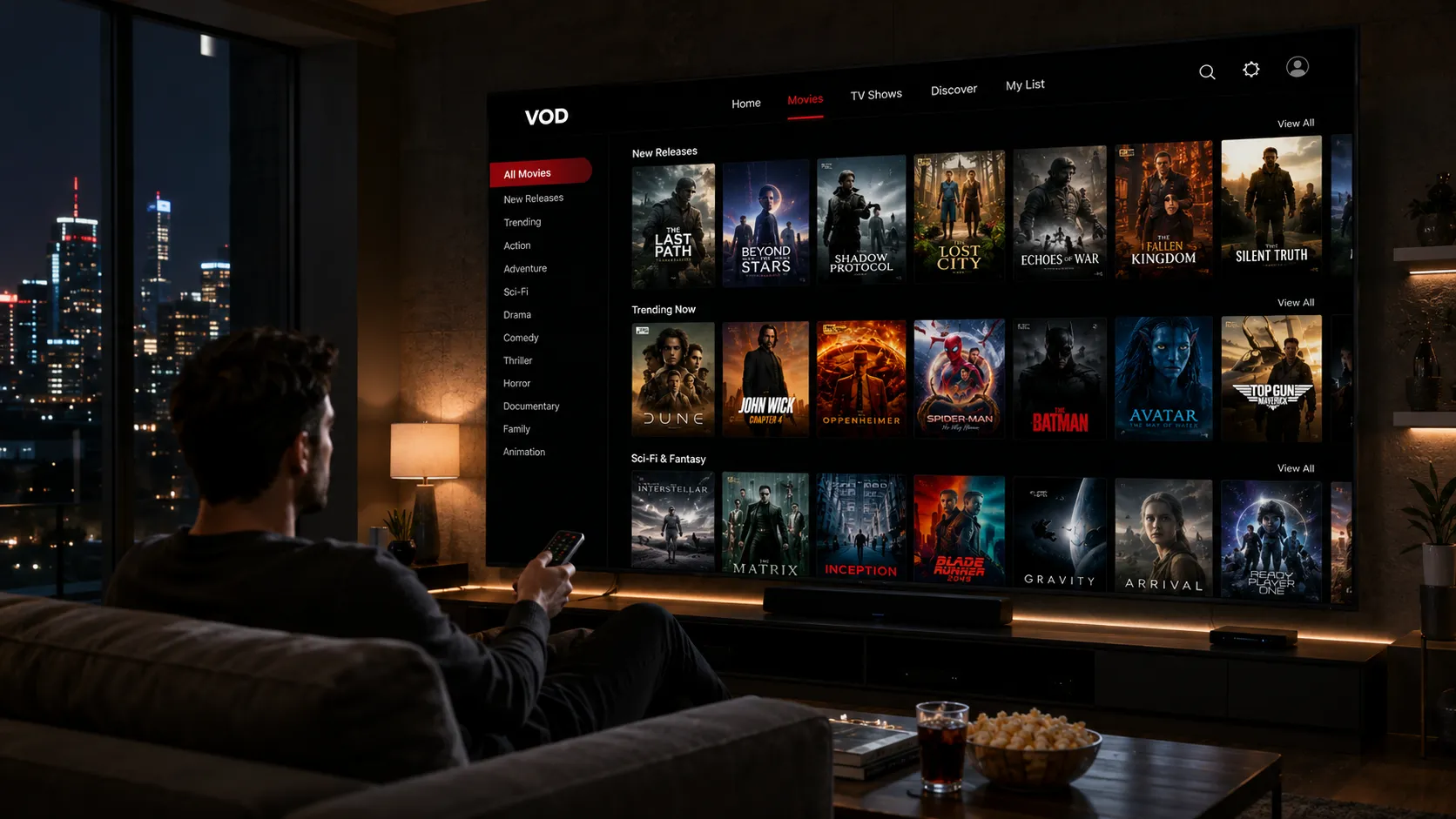 Person setting up an IPTV free trial on a Fire TV Stick connected to a large TV in a US home, loading the M3U playlist in the player app