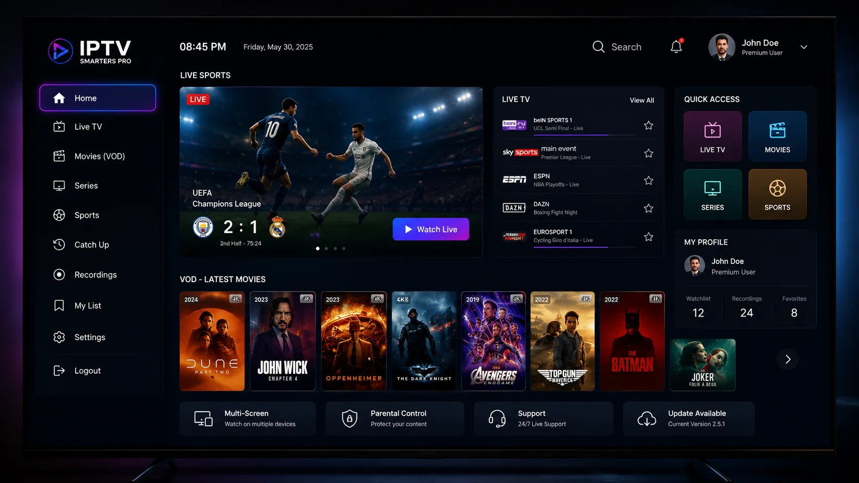 Android TV box with Ethernet cable connected, showing hardware ports and remote control used for IPTV streaming setup